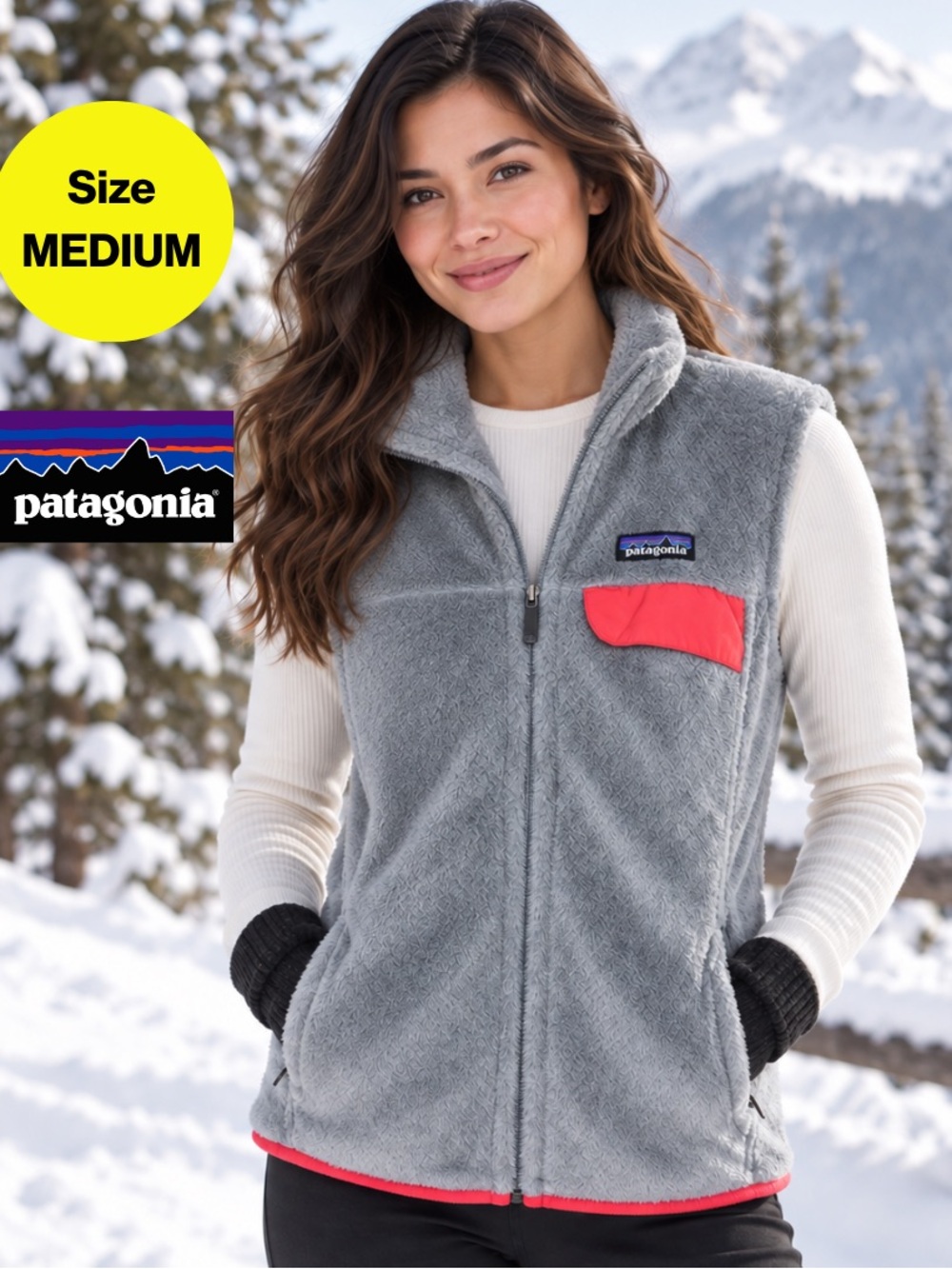 PATAGONIA 🏔️ Polartec Thermal Grey Fleece Vest, Coral, Pockets (Women’s Medium)